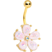 White Faux Opal Gold IP Five Petal Flower Belly Ring