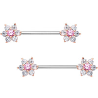 9/16 Pink CZ Gem Shimmering Flower Petal Barbell Nipple Ring Set