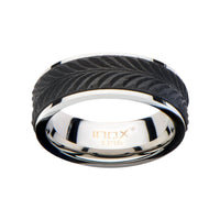 Mens Center Solid Carbon Fiber Leaf Patterned Stainless Steel Ring