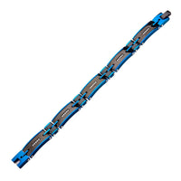 Mens Stainless Steel Solid Carbon Graphite and Blue IP with Clear CZ Gem Link Bracelet
