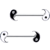 14G 18mm Clear Black Gem Yin Yang Barbell Nipple Ring Set