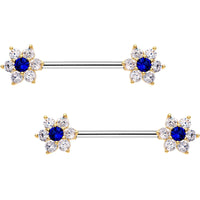 9/16 Blue CZ Gem Shimmering Flower Petal Barbell Nipple Ring Set