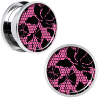 Pink Floral Lace Steel Screw Fit Plug Set 5/8