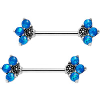 9/16 Blue Faux Opal Three Petal Flower Barbell Nipple Ring Set