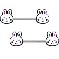 14G 5/8 White Bunny Rabbit Heads Barbell Nipple Ring Set