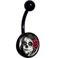 Katrina Sugar Skull with Rose Flower Black Belly Ring