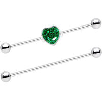 14G Green Glitter Heart Industrial Barbell 38mm Set of 2