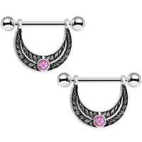 14G 5/8 Pink Faux Opal Fern Foliage Dangle Nipple Ring Set