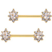 Clear CZ Gem Gold Plated Teardrop Star Barbell Nipple Ring Set