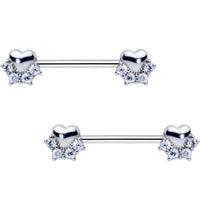 9/16 Clear CZ Gem Be My Valentine Heart Barbell Nipple Ring Set
