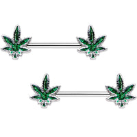 Green Marijuana Leaf Puff Puff Pass Barbell Nipple Ring Set