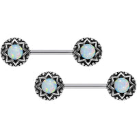 14G 5/8 White Synthetic Opal Lotus Flower Nipple Barbell Set