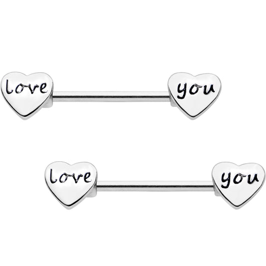 Silver Tone Love You Barbell Nipple Ring Set