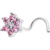 20G 1/4 Pink and Clear CZ Gem Flower Left Nose Screw