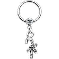 14G 1/2 Clear Gem Holiday Candy Cane Dangle BCR Captive Ring