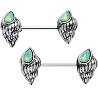 9/16 Green Faux Opal Spiral Shell Barbell Nipple Ring Set