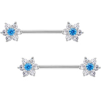 9/16 Aqua CZ Gem Summer Flower Petal Barbell Nipple Ring Set